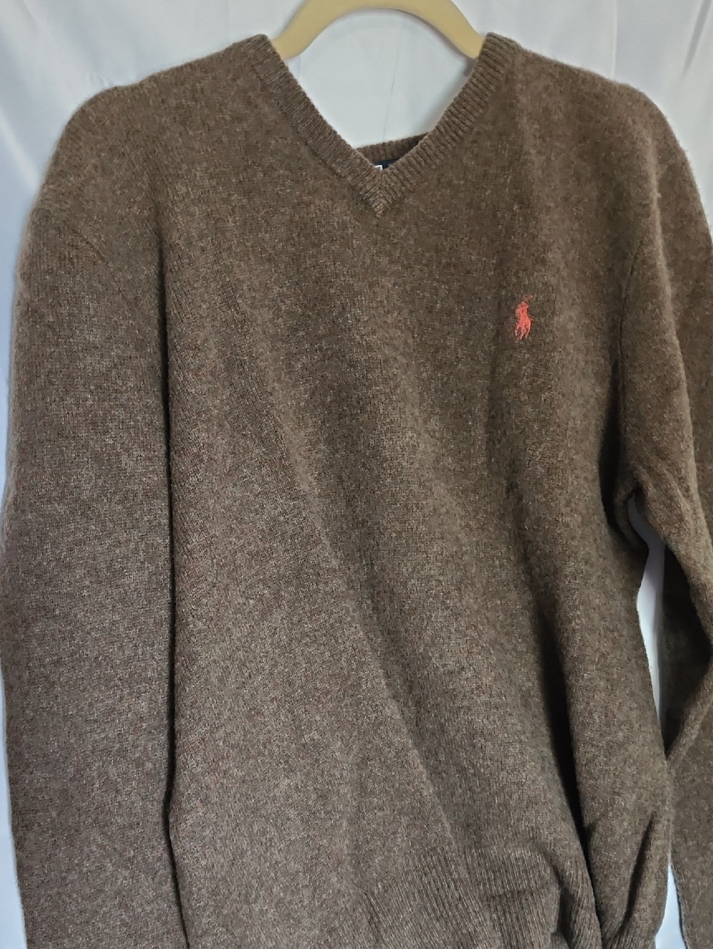 Polo by Ralph Lauren Brown V-Neck Wool Sweater with Red logo mens XL.
